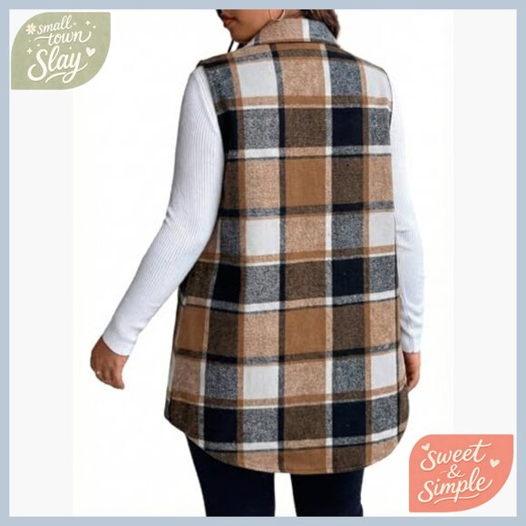 Women's Flannel Plaid Vest Jacket Fully-Lined Sleeveless Warm Casual Outerwear - Picture 4 of 7